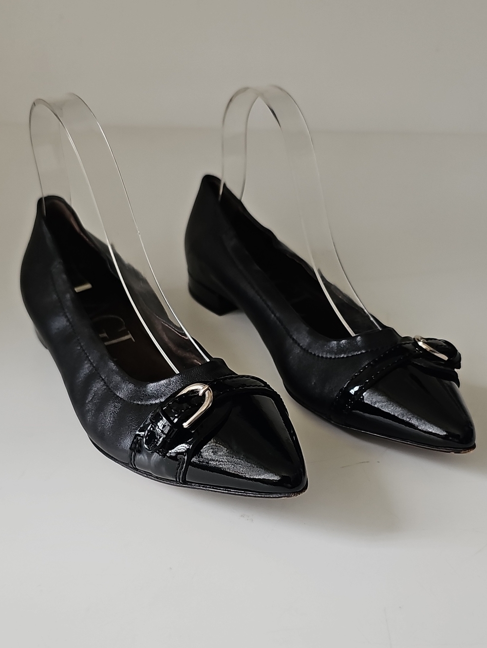 AGL Luxury Black Leather Pointed Toe Flats with Buckle Accent